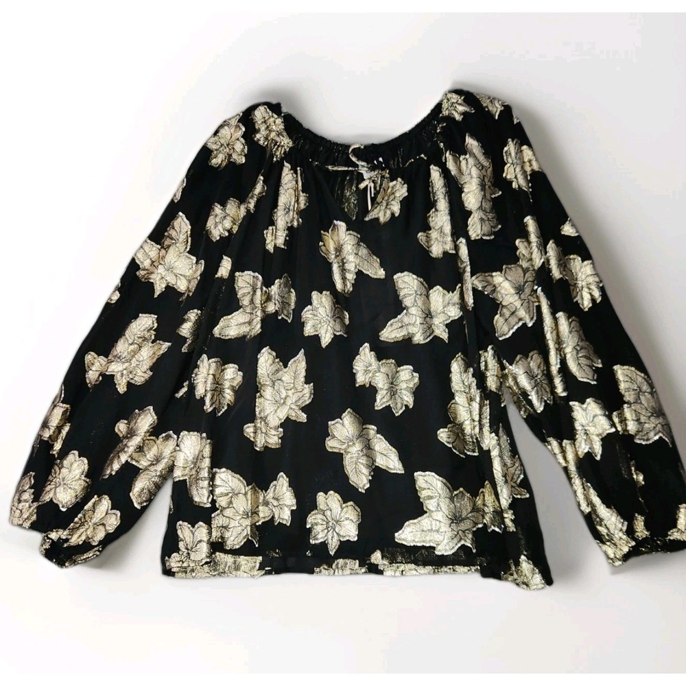 Tommy Bahama Peasant Top Sz L Black Gold Metallic Floral Shimmering Shores NEW